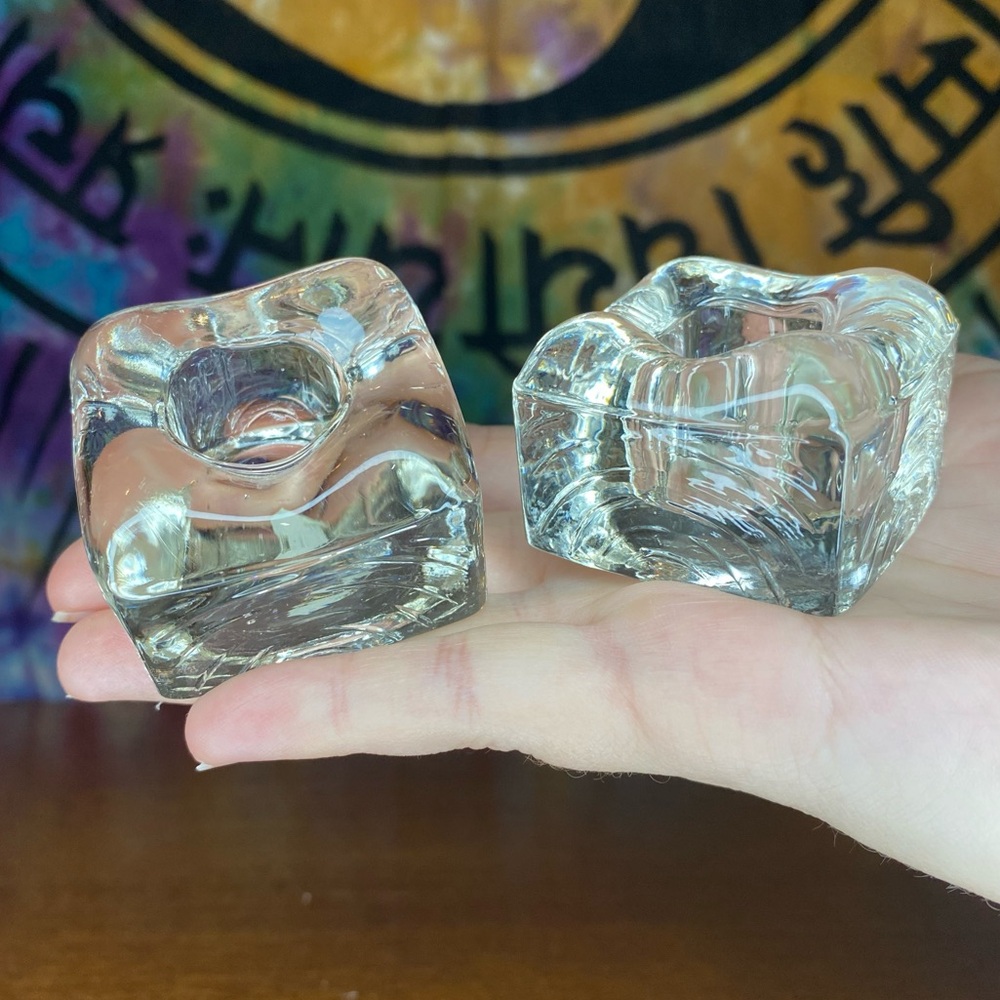 Glass Candlestick Holders with 3-D Art Deco Design 2pc Set Vintage 1980’s